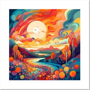 Abstract whimsical landscape with sunset. Posters and Art